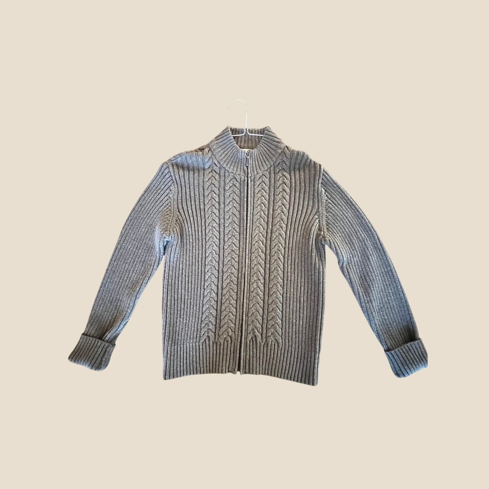 Talbots Gray Cable Knit Full Zip Cardigan Sweater 100% Cotton Mock Neck L